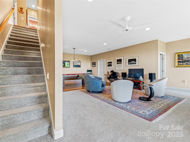 543 Hagen Dr, Hendersonville, NC 28739 - living room with baseboards, stairway, recessed lighting, pool table, and carpet