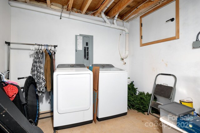 washroom with electric panel and washing machine and clothes dryer