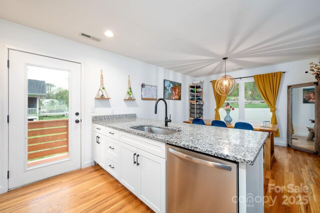 kitchen with white cabinets, a sink, dishwasher, a peninsula, and visible vents