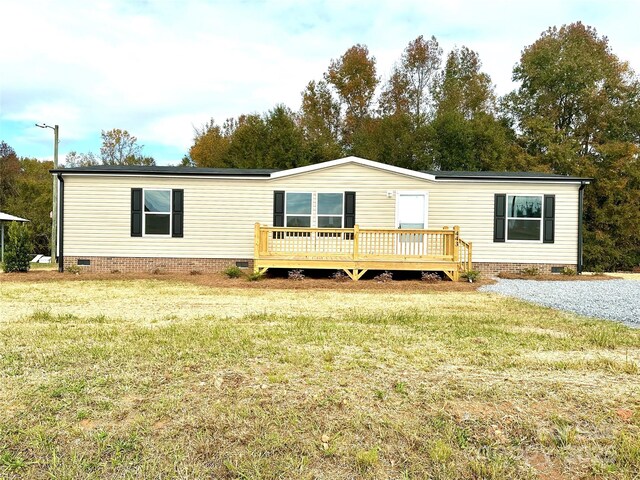 manufactured / mobile home with crawl space, a front lawn, and a deck