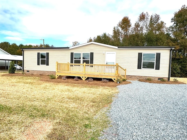 view of front of home with crawl space and a deck