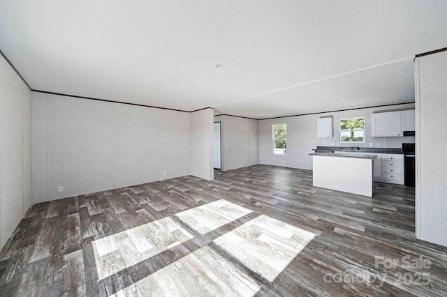 unfurnished living room with dark wood-style flooring