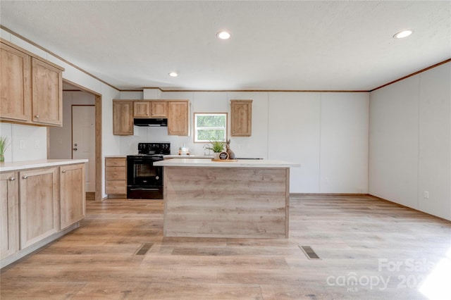 445 Davis Rd, Shelby, NC 28152 - kitchen featuring under cabinet range hood, black electric range, ornamental molding, and light countertops