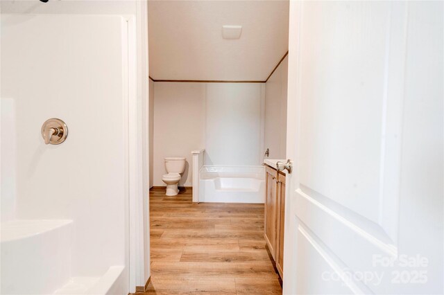 445 Davis Rd, Shelby, NC 28152 - full bathroom featuring walk in shower, toilet, wood finished floors, and vanity