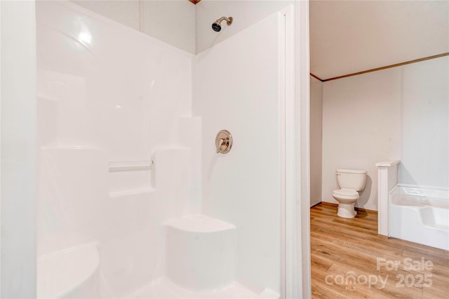 445 Davis Rd, Shelby, NC 28152 - bathroom with toilet, a shower, and wood finished floors