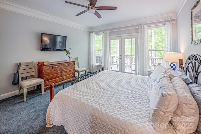bedroom with ceiling fan, access to exterior, french doors, carpet, and ornamental molding