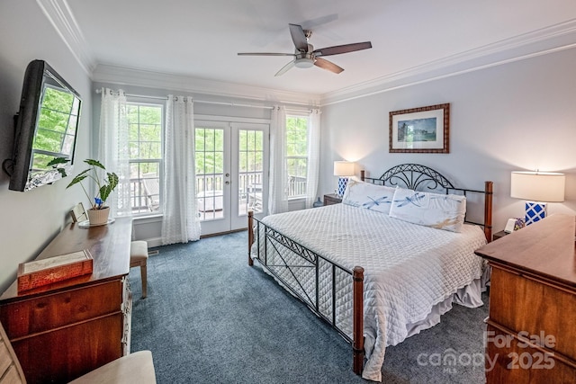 bedroom with french doors, crown molding, access to outside, and multiple windows