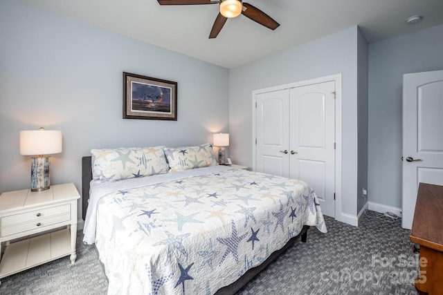carpeted bedroom with baseboards, ceiling fan, and a closet