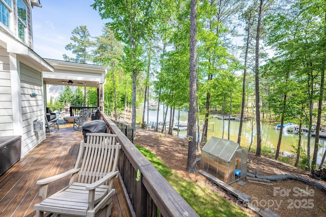 deck featuring a water view