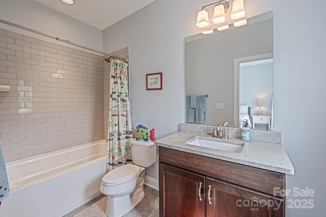 full bathroom featuring tile patterned flooring, vanity, toilet, shower / bathtub combination with curtain, and baseboards