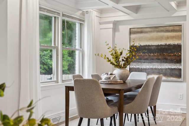 dining area featuring beamed ceiling, visible vents, baseboards, and coffered ceiling