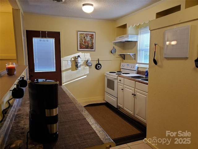kitchen with a textured ceiling, white range with electric cooktop, open shelves, a sink, and under cabinet range hood