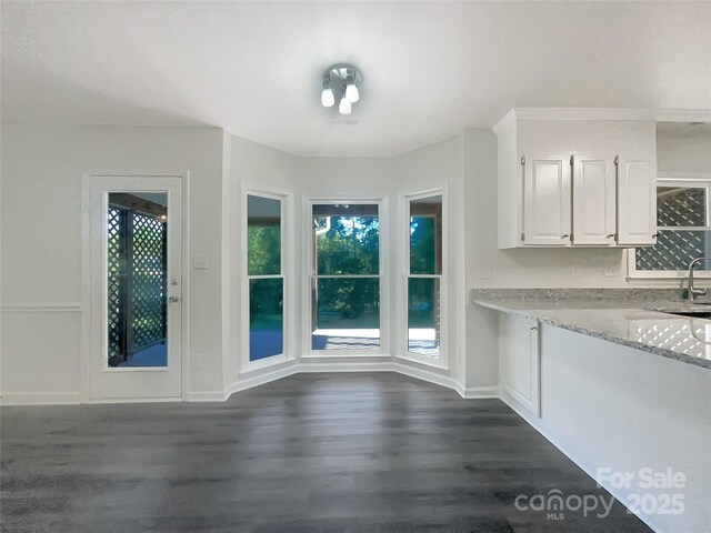 unfurnished dining area with a sink, baseboards, and dark wood finished floors