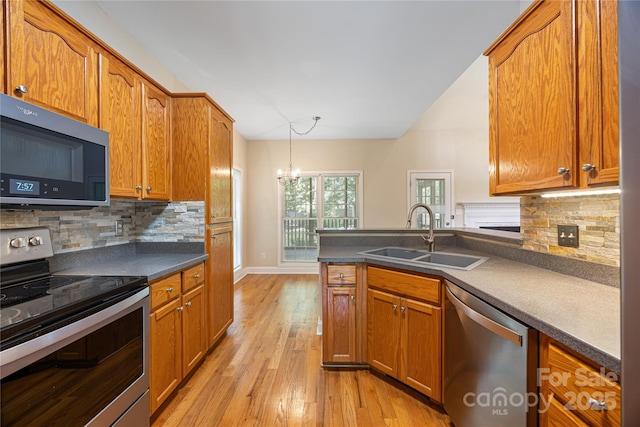 kitchen with stainless steel appliances, a sink, light wood-style floors, and backsplash