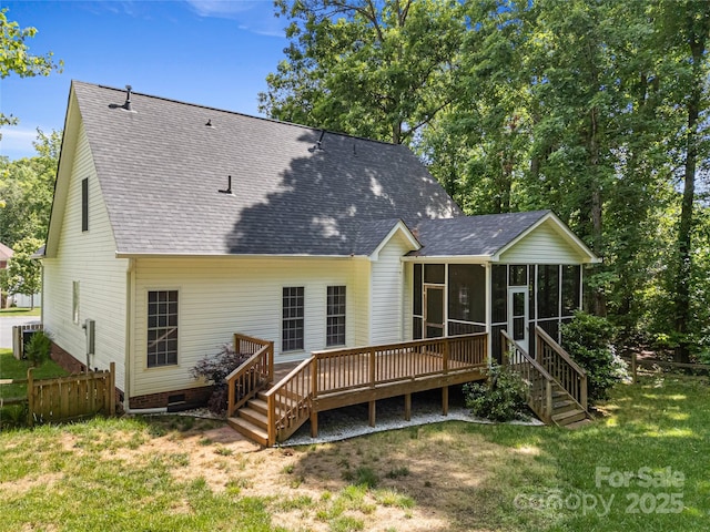 rear view of house with a sunroom, roof with shingles, crawl space, a wooden deck, and central AC unit