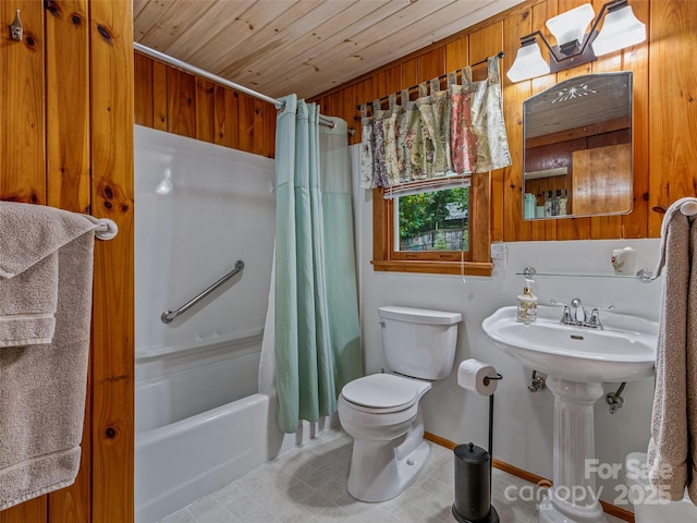 full bath with wood walls, toilet, shower / bathtub combination with curtain, tile patterned floors, and wooden ceiling