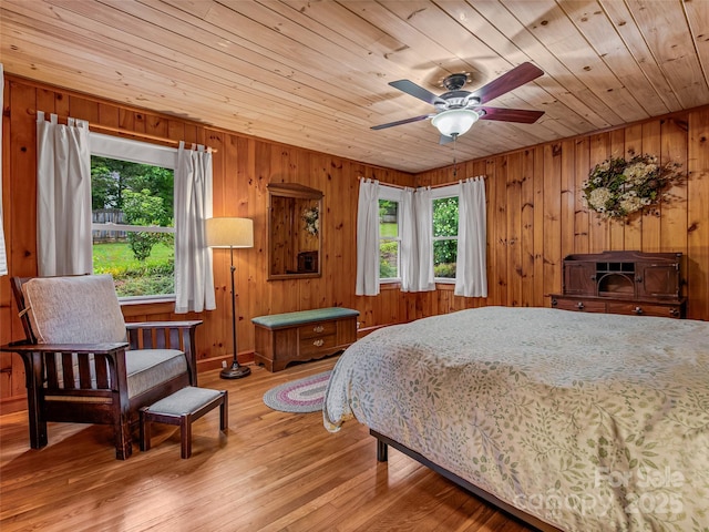 bedroom featuring wooden ceiling, light wood-type flooring, and wood walls