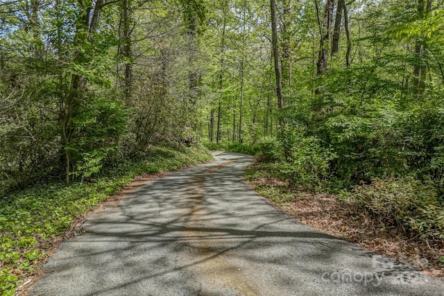 view of street featuring a forest view