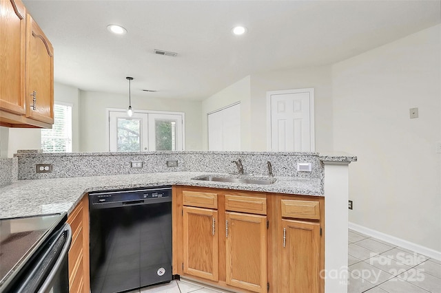 9232 Four Mile Creek Rd, Charlotte, NC 28277 - kitchen featuring visible vents, light tile patterned flooring, light stone countertops, black dishwasher, and a sink