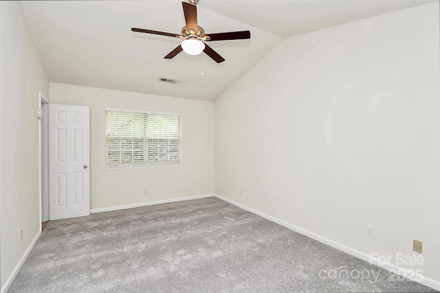 9232 Four Mile Creek Rd, Charlotte, NC 28277 - empty room featuring carpet floors, a ceiling fan, baseboards, vaulted ceiling, and visible vents