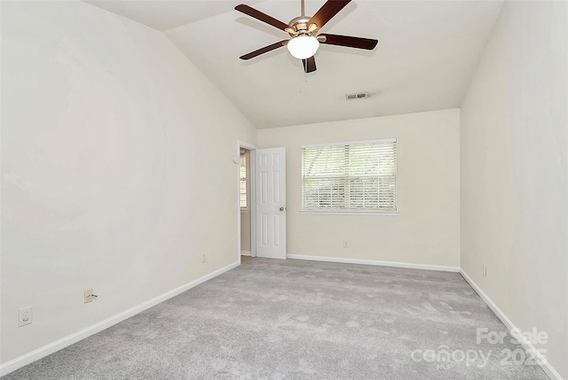 9232 Four Mile Creek Rd, Charlotte, NC 28277 - unfurnished room featuring ceiling fan, visible vents, baseboards, lofted ceiling, and carpet