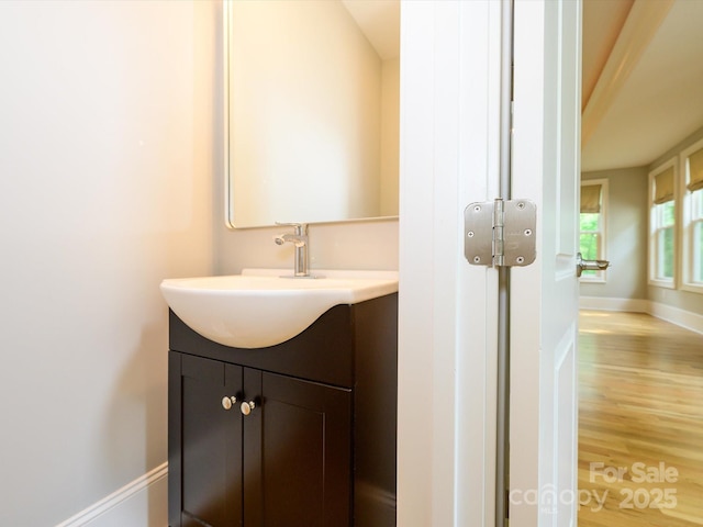 7324 Leharne Dr, Charlotte, NC 28270 - bathroom with baseboards, wood finished floors, and vanity