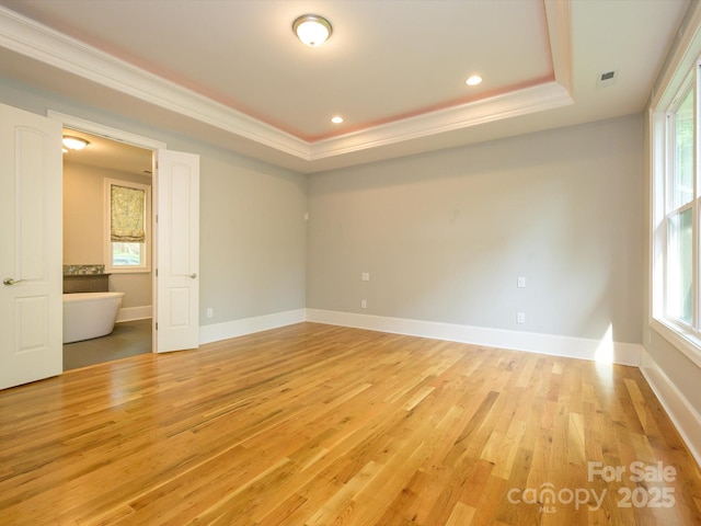 7324 Leharne Dr, Charlotte, NC 28270 - unfurnished room with crown molding, plenty of natural light, light wood-style flooring, and a raised ceiling