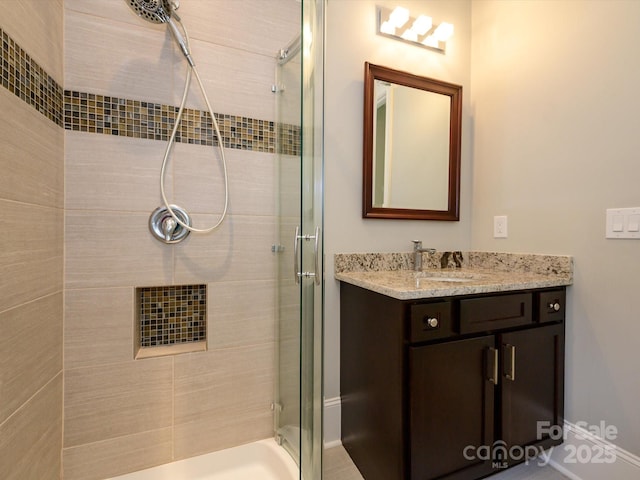7324 Leharne Dr, Charlotte, NC 28270 - bathroom with vanity, baseboards, and a shower stall