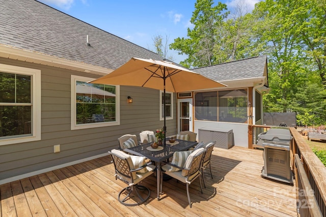 9 Oak Mountain Dr, Leicester, NC 28748 - wooden terrace with outdoor dining space, a sunroom, and area for grilling