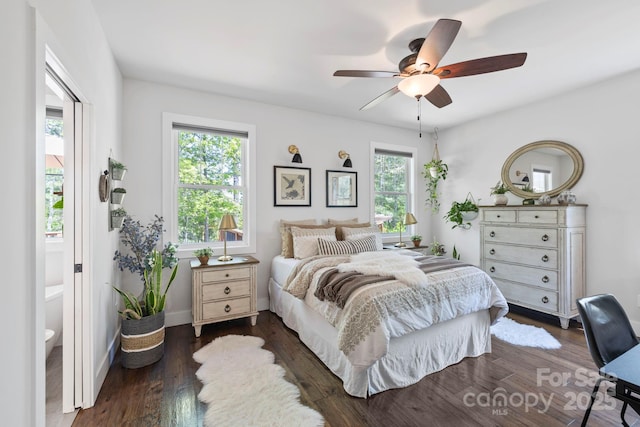 9 Oak Mountain Dr, Leicester, NC 28748 - bedroom with multiple windows, dark wood finished floors, ceiling fan, and baseboards