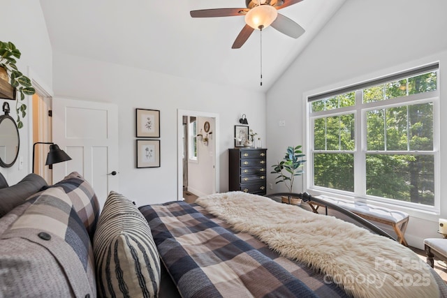 9 Oak Mountain Dr, Leicester, NC 28748 - bedroom featuring high vaulted ceiling, ceiling fan, and baseboards