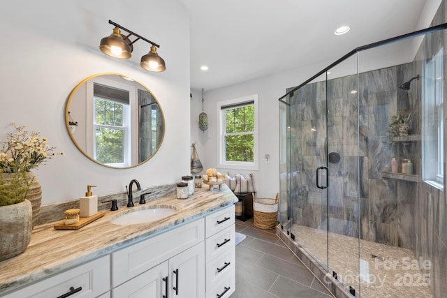 9 Oak Mountain Dr, Leicester, NC 28748 - bathroom with vanity, tile patterned floors, a stall shower, and recessed lighting