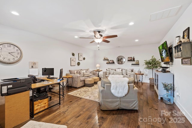 9 Oak Mountain Dr, Leicester, NC 28748 - living room featuring ceiling fan, wood-type flooring, recessed lighting, an office area, and baseboards
