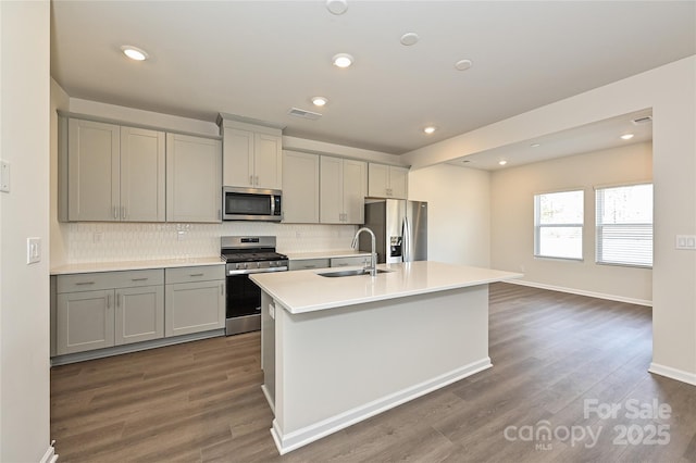 kitchen featuring appliances with stainless steel finishes, a sink, visible vents, backsplash, and gray cabinetry