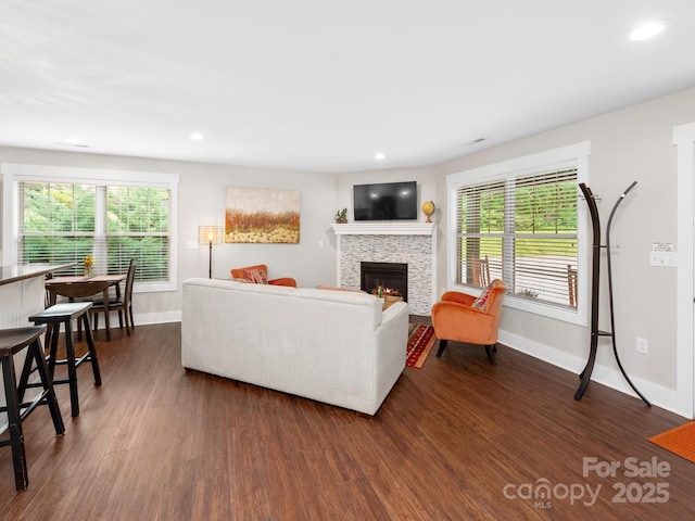 12 Martin Valley Rd, Swannanoa, NC 28778 - living room featuring baseboards, dark wood-style flooring, a fireplace, healthy amount of natural light, and recessed lighting