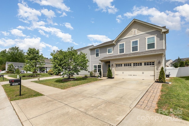 view of front facade featuring an attached garage, driveway, fence, and a front yard