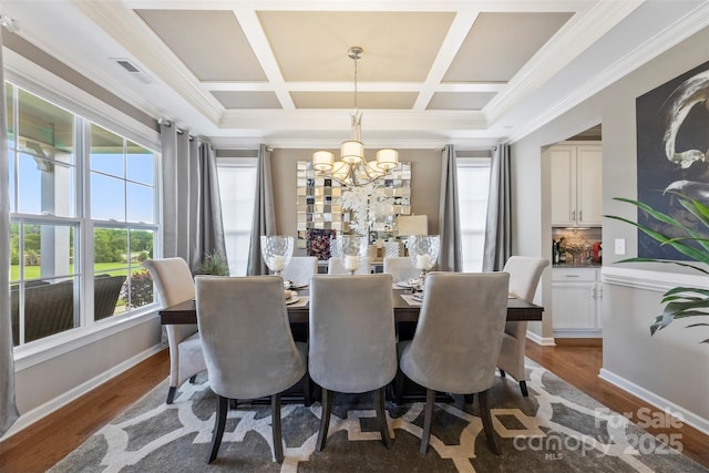 dining room with plenty of natural light, a chandelier, coffered ceiling, ornamental molding, and dark wood-style flooring