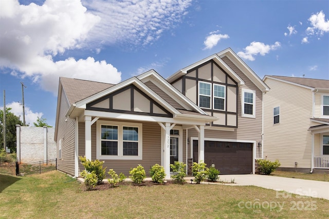 3252 Cheyney Park Dr, Charlotte, NC 28269 - craftsman-style home with an attached garage, covered porch, fence, a front yard, and driveway