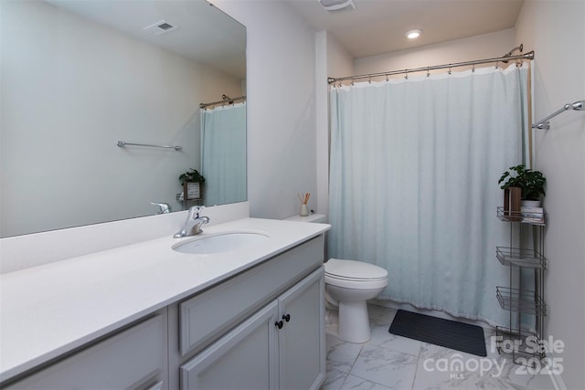 3252 Cheyney Park Dr, Charlotte, NC 28269 - full bathroom featuring toilet, marble finish floor, vanity, visible vents, and recessed lighting