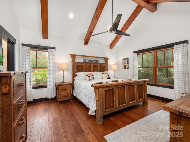 bedroom with beam ceiling, baseboards, dark wood-style flooring, high vaulted ceiling, and recessed lighting