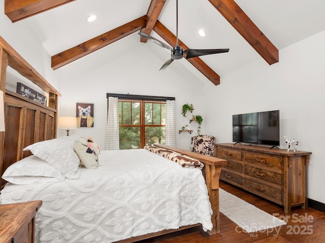 bedroom featuring beamed ceiling, wood finished floors, recessed lighting, high vaulted ceiling, and ceiling fan