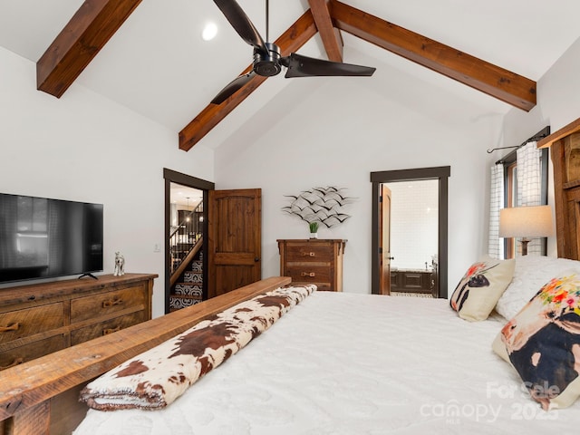 bedroom featuring beamed ceiling, high vaulted ceiling, and ceiling fan