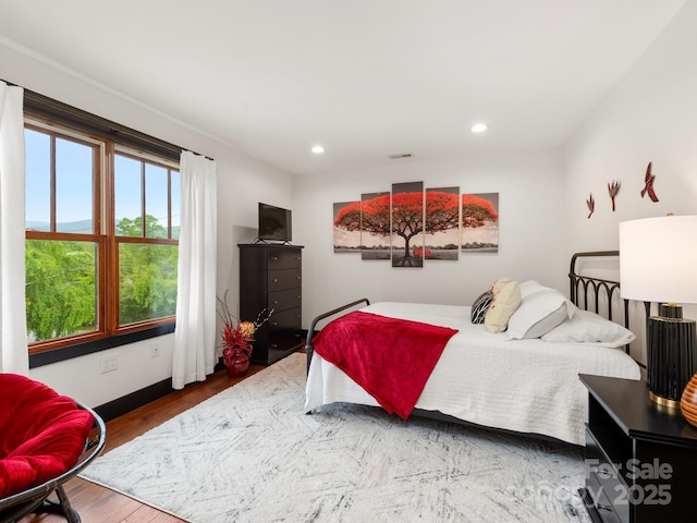 bedroom featuring wood finished floors, baseboards, and recessed lighting