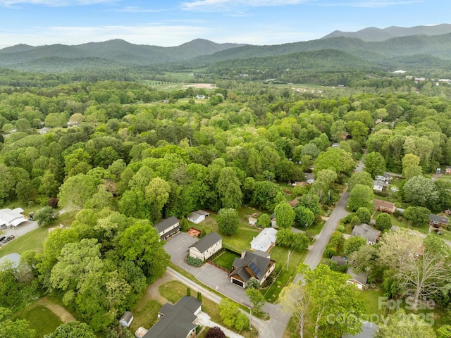 drone / aerial view of a mountainous background and a heavily wooded area