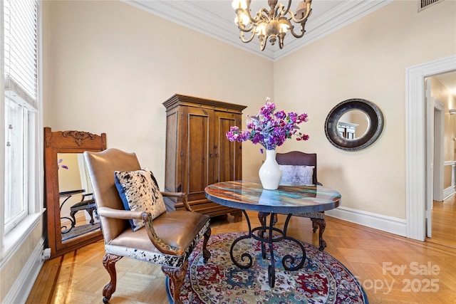 116 N Mulberry St, Statesville, NC 28677 - sitting room featuring a chandelier, ornamental molding, and baseboards