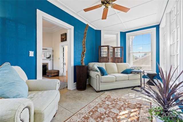 116 N Mulberry St, Statesville, NC 28677 - living area with crown molding, a ceiling fan, and light tile patterned floors