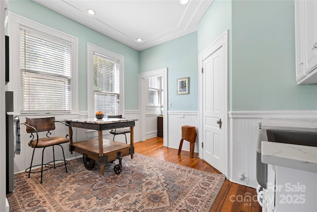 116 N Mulberry St, Statesville, NC 28677 - home office featuring wood finished floors, wainscoting, and recessed lighting