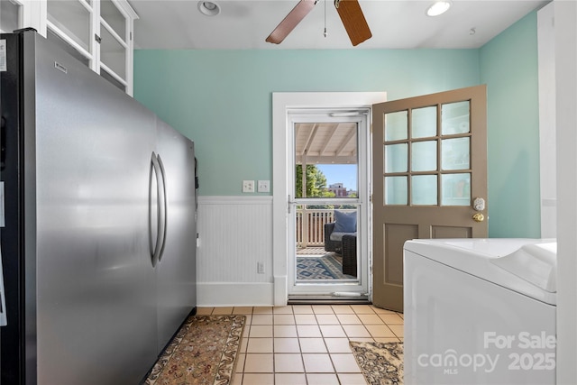 116 N Mulberry St, Statesville, NC 28677 - laundry room featuring washer / clothes dryer, ceiling fan, a wainscoted wall, light tile patterned floors, and recessed lighting