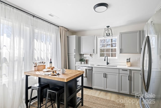 192 Duckworth Ave, Brevard, NC 28712 - kitchen featuring stainless steel appliances, gray cabinetry, light wood-style flooring, and decorative backsplash