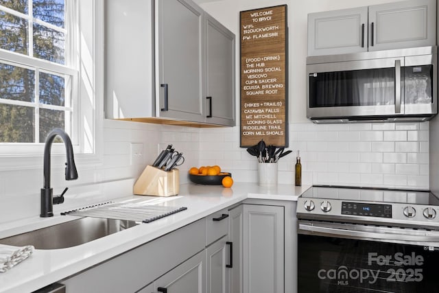 192 Duckworth Ave, Brevard, NC 28712 - kitchen featuring appliances with stainless steel finishes, gray cabinetry, tasteful backsplash, and light countertops